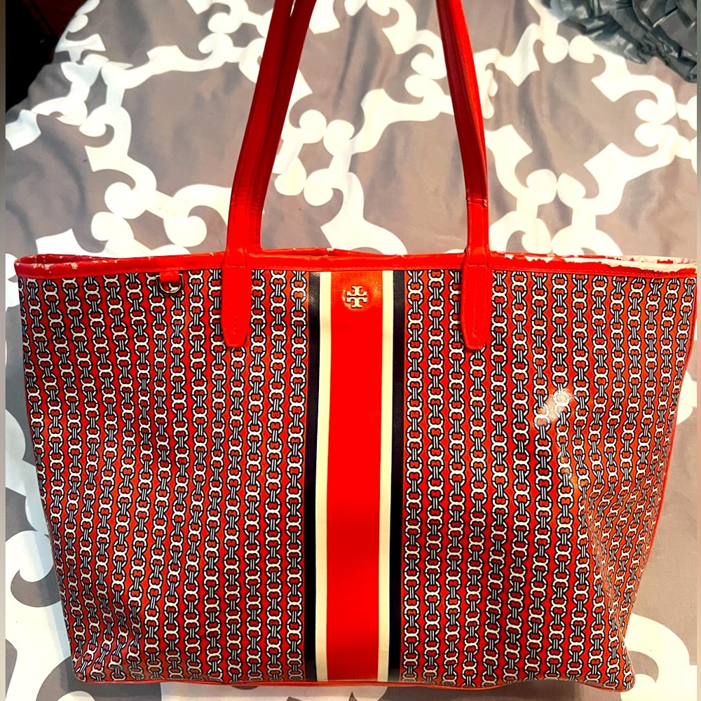 Tory Burch Gemini Link Red Printed Tote Bag | Large | Pre-Owned